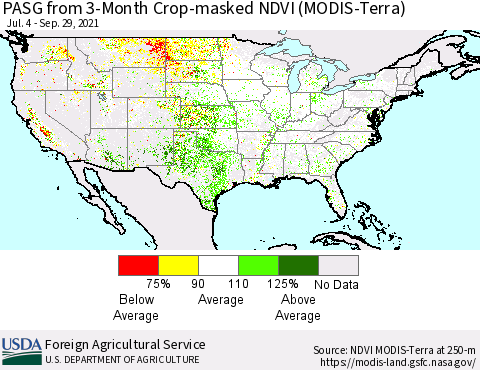 United States PASG from 3-Month Cropland NDVI (Terra-MODIS) Thematic Map For 9/21/2021 - 9/30/2021