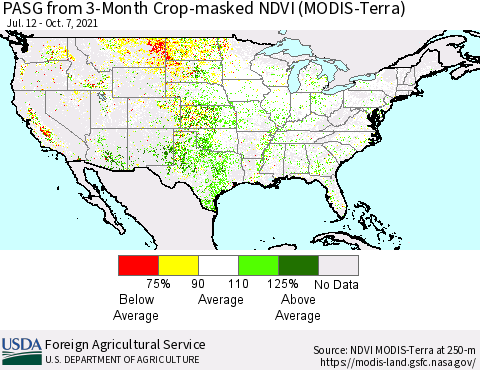 United States PASG from 3-Month Cropland NDVI (Terra-MODIS) Thematic Map For 10/1/2021 - 10/10/2021