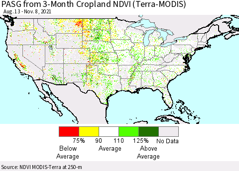 United States PASG from 3-Month Cropland NDVI (Terra-MODIS) Thematic Map For 11/1/2021 - 11/8/2021