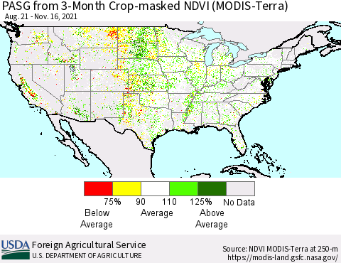United States PASG from 3-Month Cropland NDVI (Terra-MODIS) Thematic Map For 11/11/2021 - 11/20/2021
