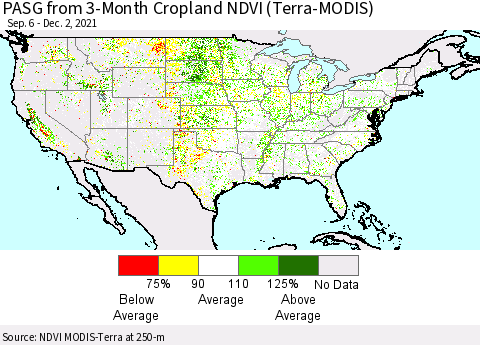 United States PASG from 3-Month Cropland NDVI (Terra-MODIS) Thematic Map For 11/25/2021 - 12/2/2021