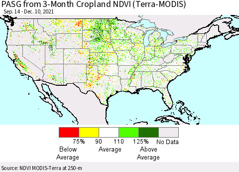 United States PASG from 3-Month Cropland NDVI (Terra-MODIS) Thematic Map For 12/1/2021 - 12/10/2021