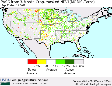 United States PASG from 3-Month Cropland NDVI (Terra-MODIS) Thematic Map For 12/11/2021 - 12/20/2021