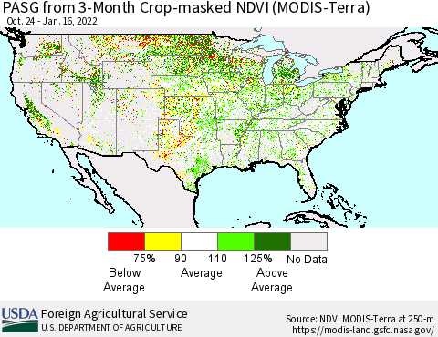 United States PASG from 3-Month Cropland NDVI (Terra-MODIS) Thematic Map For 1/11/2022 - 1/20/2022