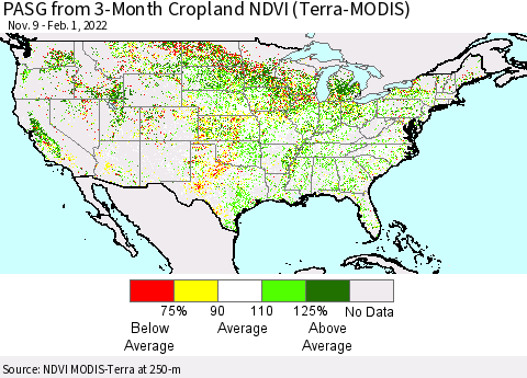 United States PASG from 3-Month Cropland NDVI (Terra-MODIS) Thematic Map For 1/25/2022 - 2/1/2022