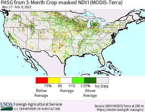 United States PASG from 3-Month Cropland NDVI (Terra-MODIS) Thematic Map For 2/1/2022 - 2/10/2022