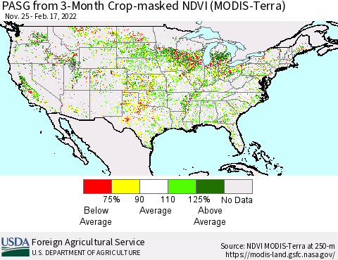United States PASG from 3-Month Cropland NDVI (Terra-MODIS) Thematic Map For 2/11/2022 - 2/20/2022