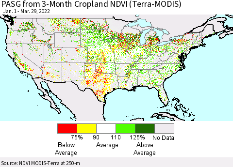 United States PASG from 3-Month Cropland NDVI (Terra-MODIS) Thematic Map For 3/22/2022 - 3/29/2022
