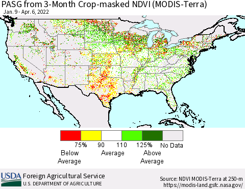United States PASG from 3-Month Cropland NDVI (Terra-MODIS) Thematic Map For 4/1/2022 - 4/10/2022