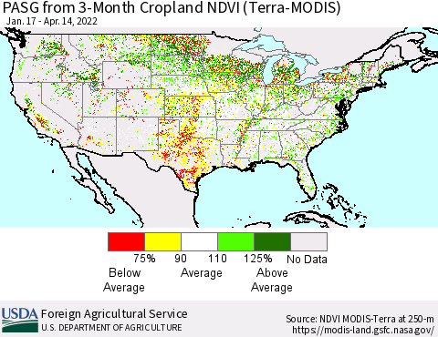 United States PASG from 3-Month Cropland NDVI (Terra-MODIS) Thematic Map For 4/11/2022 - 4/20/2022
