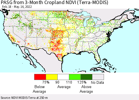 United States PASG from 3-Month Cropland NDVI (Terra-MODIS) Thematic Map For 5/9/2022 - 5/16/2022