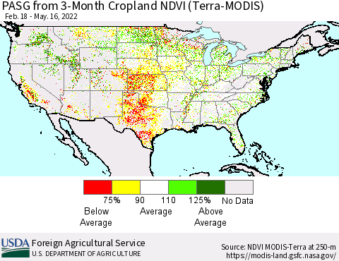 United States PASG from 3-Month Cropland NDVI (Terra-MODIS) Thematic Map For 5/11/2022 - 5/20/2022