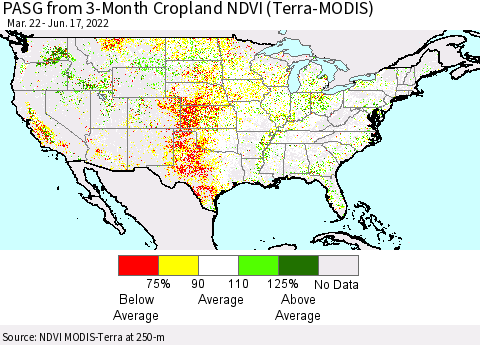 United States PASG from 3-Month Cropland NDVI (Terra-MODIS) Thematic Map For 6/10/2022 - 6/17/2022