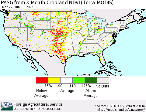 United States PASG from 3-Month Cropland NDVI (Terra-MODIS) Thematic Map For 6/11/2022 - 6/20/2022