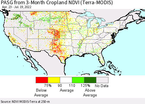 United States PASG from 3-Month Cropland NDVI (Terra-MODIS) Thematic Map For 7/12/2022 - 7/19/2022