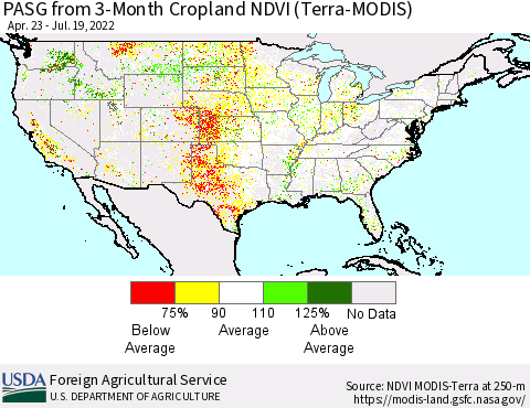 United States PASG from 3-Month Cropland NDVI (Terra-MODIS) Thematic Map For 7/11/2022 - 7/20/2022