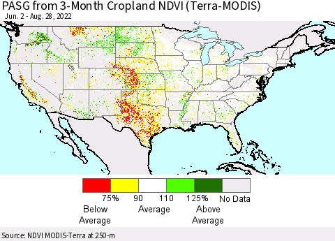 United States PASG from 3-Month Cropland NDVI (Terra-MODIS) Thematic Map For 8/21/2022 - 8/28/2022