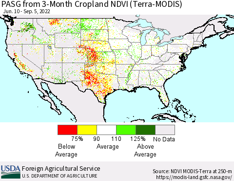 United States PASG from 3-Month Cropland NDVI (Terra-MODIS) Thematic Map For 9/1/2022 - 9/10/2022