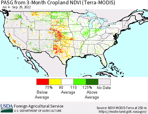 United States PASG from 3-Month Cropland NDVI (Terra-MODIS) Thematic Map For 9/21/2022 - 9/30/2022