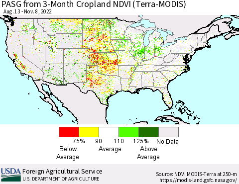 United States PASG from 3-Month Cropland NDVI (Terra-MODIS) Thematic Map For 11/1/2022 - 11/10/2022