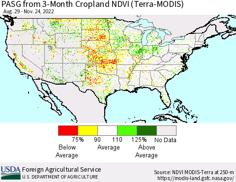 United States PASG from 3-Month Cropland NDVI (Terra-MODIS) Thematic Map For 11/21/2022 - 11/30/2022