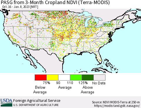 United States PASG from 3-Month Cropland NDVI (Terra-MODIS) Thematic Map For 1/1/2023 - 1/10/2023
