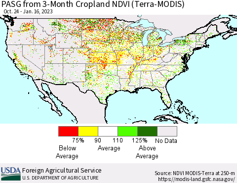 United States PASG from 3-Month Cropland NDVI (Terra-MODIS) Thematic Map For 1/11/2023 - 1/20/2023