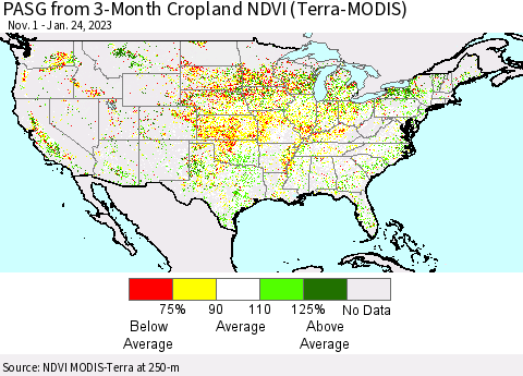 United States PASG from 3-Month Cropland NDVI (Terra-MODIS) Thematic Map For 1/17/2023 - 1/24/2023