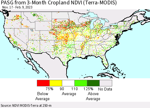 United States PASG from 3-Month Cropland NDVI (Terra-MODIS) Thematic Map For 2/2/2023 - 2/9/2023