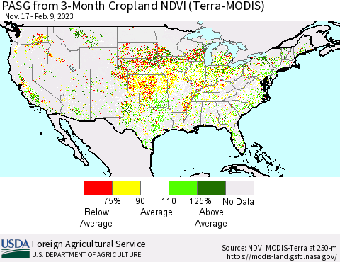 United States PASG from 3-Month Cropland NDVI (Terra-MODIS) Thematic Map For 2/1/2023 - 2/10/2023