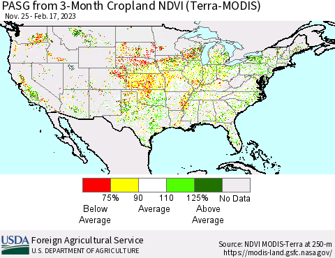 United States PASG from 3-Month Cropland NDVI (Terra-MODIS) Thematic Map For 2/11/2023 - 2/20/2023