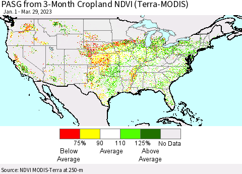 United States PASG from 3-Month Cropland NDVI (Terra-MODIS) Thematic Map For 3/22/2023 - 3/29/2023