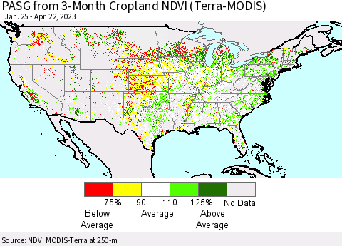 United States PASG from 3-Month Cropland NDVI (Terra-MODIS) Thematic Map For 4/15/2023 - 4/22/2023