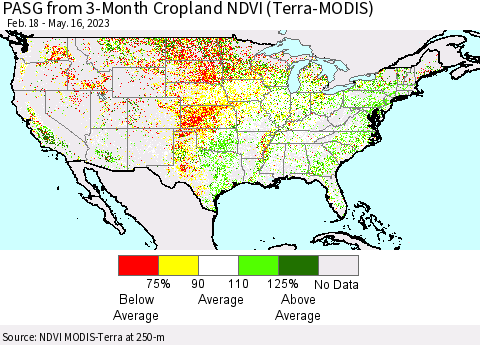 United States PASG from 3-Month Cropland NDVI (Terra-MODIS) Thematic Map For 5/9/2023 - 5/16/2023