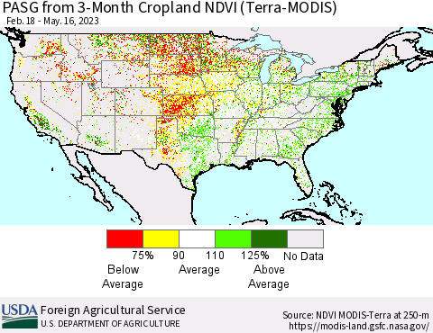 United States PASG from 3-Month Cropland NDVI (Terra-MODIS) Thematic Map For 5/11/2023 - 5/20/2023
