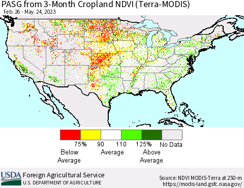 United States PASG from 3-Month Cropland NDVI (Terra-MODIS) Thematic Map For 5/21/2023 - 5/31/2023