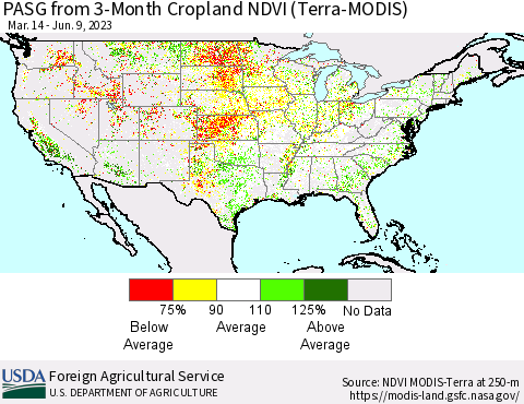 United States PASG from 3-Month Cropland NDVI (Terra-MODIS) Thematic Map For 6/1/2023 - 6/10/2023
