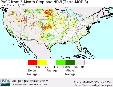 United States PASG from 3-Month Cropland NDVI (Terra-MODIS) Thematic Map For 6/11/2023 - 6/20/2023