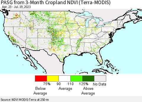 United States PASG from 3-Month Cropland NDVI (Terra-MODIS) Thematic Map For 7/12/2023 - 7/19/2023