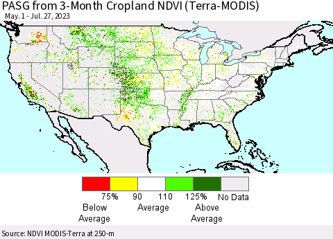 United States PASG from 3-Month Cropland NDVI (Terra-MODIS) Thematic Map For 7/20/2023 - 7/27/2023