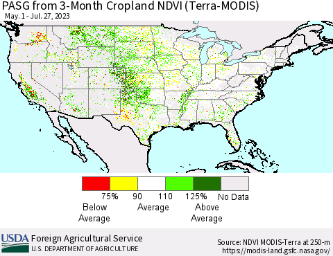 United States PASG from 3-Month Cropland NDVI (Terra-MODIS) Thematic Map For 7/21/2023 - 7/31/2023