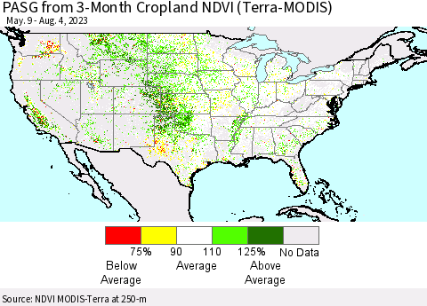 United States PASG from 3-Month Cropland NDVI (Terra-MODIS) Thematic Map For 7/28/2023 - 8/4/2023