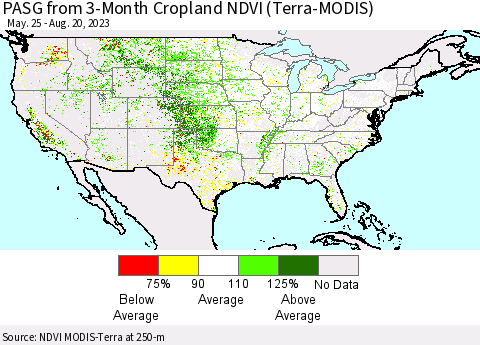 United States PASG from 3-Month Cropland NDVI (Terra-MODIS) Thematic Map For 8/11/2023 - 8/20/2023