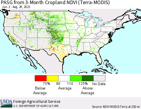 United States PASG from 3-Month Cropland NDVI (Terra-MODIS) Thematic Map For 8/21/2023 - 8/31/2023