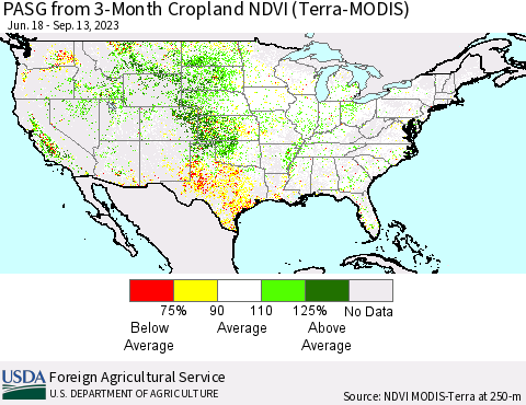 United States PASG from 3-Month Cropland NDVI (Terra-MODIS) Thematic Map For 9/11/2023 - 9/20/2023