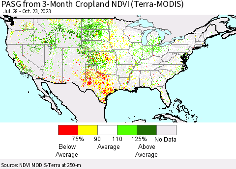 United States PASG from 3-Month Cropland NDVI (Terra-MODIS) Thematic Map For 10/16/2023 - 10/23/2023