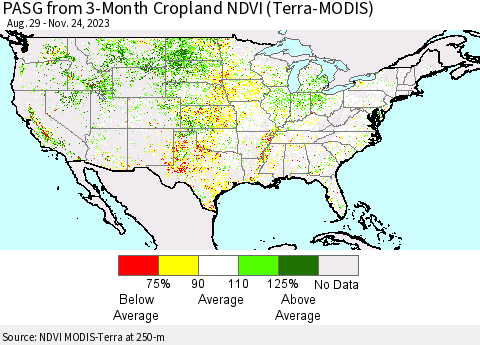 United States PASG from 3-Month Cropland NDVI (Terra-MODIS) Thematic Map For 11/17/2023 - 11/24/2023