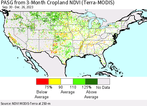 United States PASG from 3-Month Cropland NDVI (Terra-MODIS) Thematic Map For 12/19/2023 - 12/26/2023