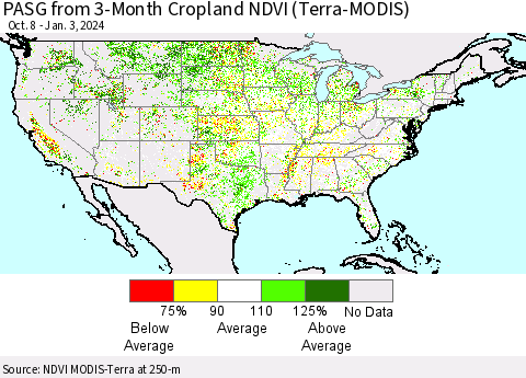 United States PASG from 3-Month Cropland NDVI (Terra-MODIS) Thematic Map For 12/27/2023 - 1/3/2024