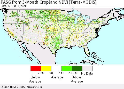 United States PASG from 3-Month Cropland NDVI (Terra-MODIS) Thematic Map For 1/1/2024 - 1/8/2024